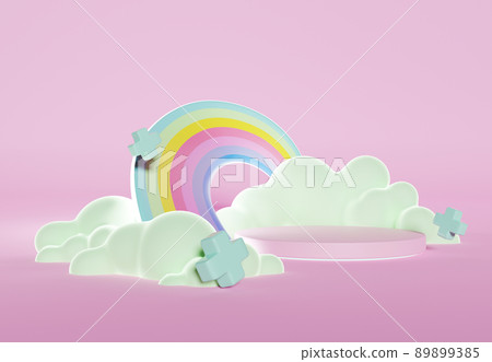 3D rendering of colorful pastel clouds and rainbow with empty space for kids or baby products. 3D rendering of colorful pastel clouds and rainbow with empty space for kids or baby products. 89899385