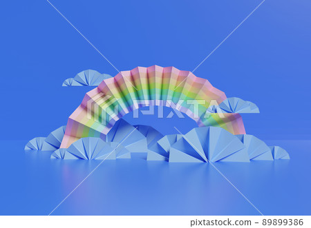 3D rendering of colorful pastel clouds and rainbow with empty space for kids or baby products. 3D rendering of colorful pastel clouds and rainbow with empty space for kids or baby products. 89899386