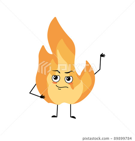 Cute flame character with emotions of hero, brave face, arms and leg. Fire man with courage expression, hot orange person. Vector flat illustration Cute flame character with emotions of hero, brave face, arms and leg. Fire man with courage expression, hot orange person. Vector flat illustration 89899784