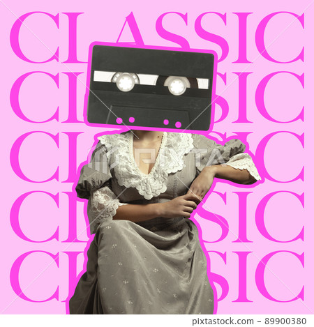 Contemporary art collage. Woman in vintage style dress with video cassette head isolated over bright pink background. Royal person Contemporary art collage. Woman in vintage style dress with video cassette head isolated over bright pink background. Royal person 89900380