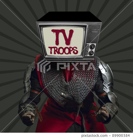 Contemporary art collage. Man in image of medieval knight, warrior with retro TV set head isolated over dark background Contemporary art collage. Man in image of medieval knight, warrior with retro TV set head isolated over dark background 89900384