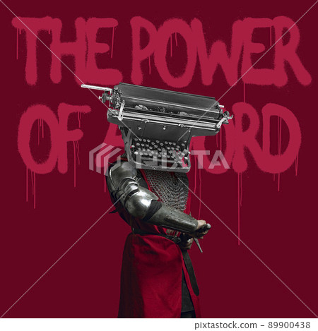 Contemporary art collage. Medieval knight, warrior with typewriter head isolated over red background. Power of word Contemporary art collage. Medieval knight, warrior with typewriter head isolated over red background. Power of word 89900438