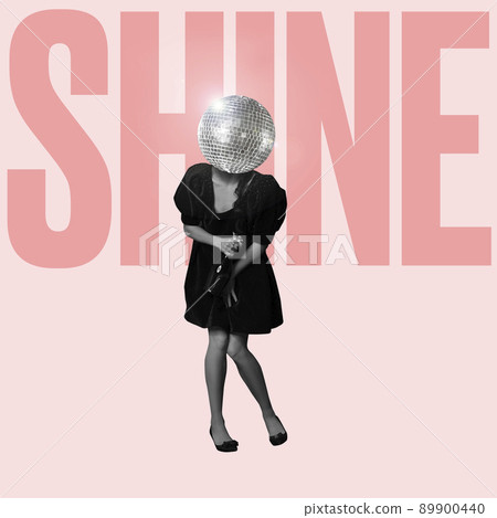 Contemporary art collage. Woman in retro dress and disco ball head dancing isolated over pink background Contemporary art collage. Woman in retro dress and disco ball head dancing isolated over pink background 89900440