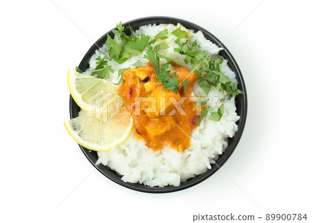 Chicken tikka in bowl isolated on white background Chicken tikka in bowl isolated on white background 89900784