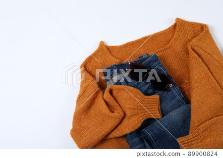 Autumn style clothes on white background, space for text Autumn style clothes on white background, space for text 89900824