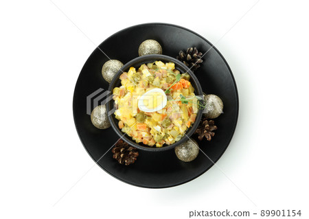 Christmas concept of tasty food with Olivier isolated on white background Christmas concept of tasty food with Olivier isolated on white background 89901154