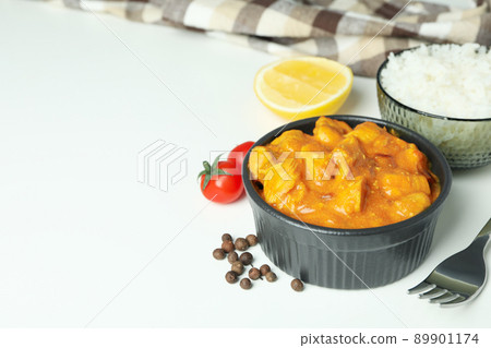 Concept of tasty food with chicken tikka on white background Concept of tasty food with chicken tikka on white background 89901174