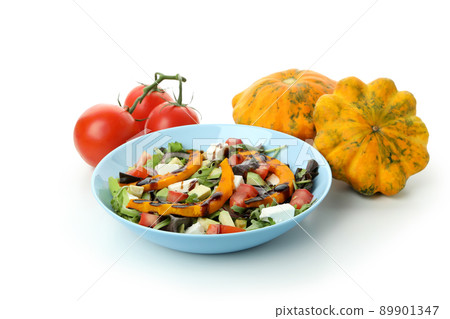 Plate with pumpkin salad and ingredients isolated on white background 89901347