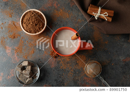 Concept of tasty drink with cocoa on dark background 89901750