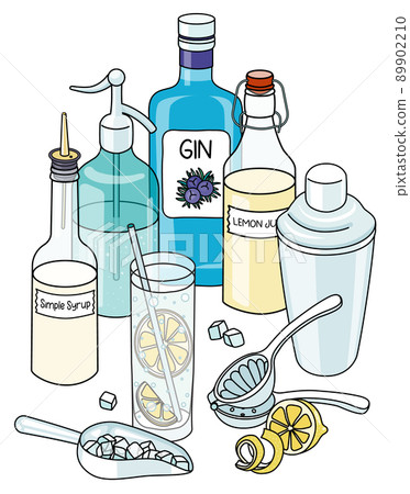 Stylish hand-drawn doodle cartoon style Gin Fizz cocktail composition. A bottle of gin, sugar syrup, soda water siphon and lemon. For bar menu, cook book recipe, stickers or cards 89902210