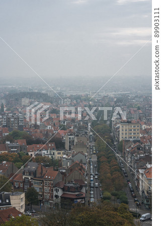 Koekelberg, Brussels Capital Region - Belgium -  Panoramic view over Brussels on a foggy  morning with the autumn colors of the Elisabeth park 89903111