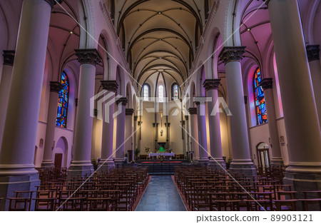 Ixelles, Brussels Capital Region - Belgium - Purple interior design of the gothic Carmelites church near the Louise square 89903121