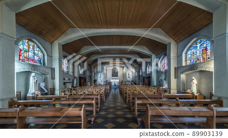 Jette, Brussels Capital Region - Belgium - The modernism design of the Per Mariam ad Jesum catholic and Orthodox church with stained glass decorations Jette, Brussels Capital Region - Belgium - The modernism design of the Per Mariam ad Jesum catholic and Orthodox church with stained glass decorations 89903139