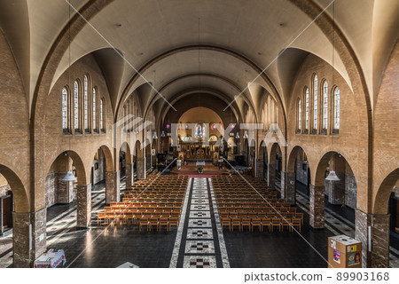 Jette, Brussels Capital Region - Belgium -  Modern Gothic interior design of the Our Lady of Lourdes Roman Catholic church of Jette 89903168