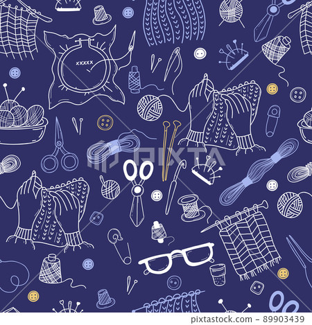 Seamless pattern. Knitting and embroidery. Sewing elements, threads and knitting needles, scissors and needles, knitting hands and glasses on blue background. Vector illustration. Linear doodle Seamless pattern. Knitting and embroidery. Sewing elements, threads and knitting needles, scissors and needles, knitting hands and glasses on blue background. Vector illustration. Linear doodle 89903439