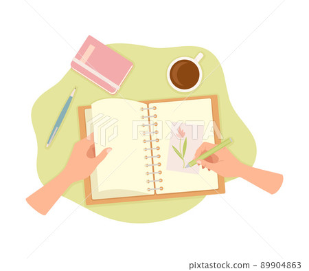 Hands Drawing Flowers with Pencil on Paper in Notepad as Handmade Craft Vector Illustration Hands Drawing Flowers with Pencil on Paper in Notepad as Handmade Craft Vector Illustration 89904863