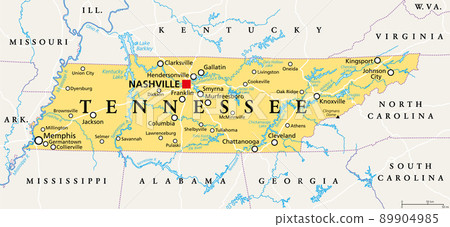 Tennessee, TN, political map, with capital Nashville, largest cities, lakes and rivers. State of Tennessee. Landlocked state in Southeastern region of the United States, nicknamed The Volunteer State. 89904985