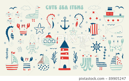 Cute marine items, elements of nature. Summer accessories, set of items. Lighthouse, steering wheel, crab, seahorse, whale, starfish and others. Baby flat vector illustration Cute marine items, elements of nature. Summer accessories, set of items. Lighthouse, steering wheel, crab, seahorse, whale, starfish and others. Baby flat vector illustration 89905247