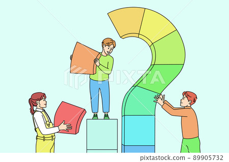 Smiling children put pieces together forming question mark Smiling children put pieces together forming question mark 89905732
