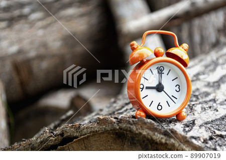 Orange alarm clock isolated on tree trunk. The clock set at 9 o'clock. 89907019