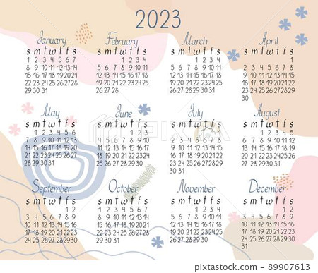 Calendar template for the year 2023 in simple minimalist style, abstract colorful background loose formless shapes, week starts on Sunday, vector printable page Calendar template for the year 2023 in simple minimalist style, abstract colorful background loose formless shapes, week starts on Sunday, vector printable page 89907613