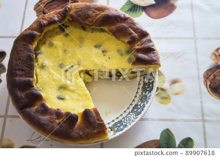Culinary pie with pot cheese and raisins Culinary pie with pot cheese and raisins 89907618