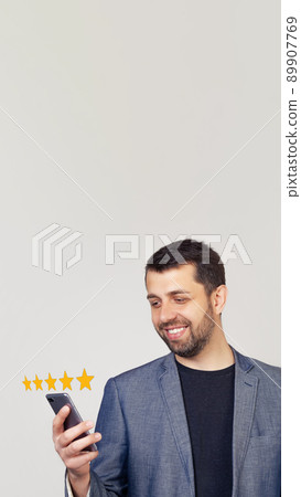 Businessman giving a five star rating. Customer service experien 89907769