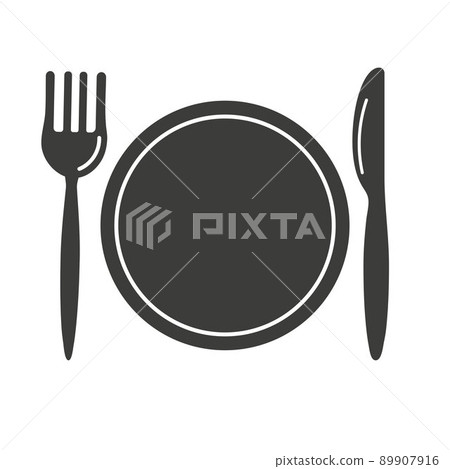 Plate, fork and knife icon set. Silhouette of cutlery for the restaurant business isolated on white background. Vector illustration Plate, fork and knife icon set. Silhouette of cutlery for the restaurant business isolated on white background. Vector illustration 89907916