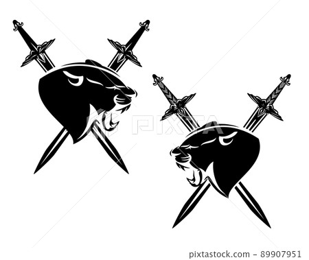 roaring panther cat and crossed swords black and white vector design set 89907951