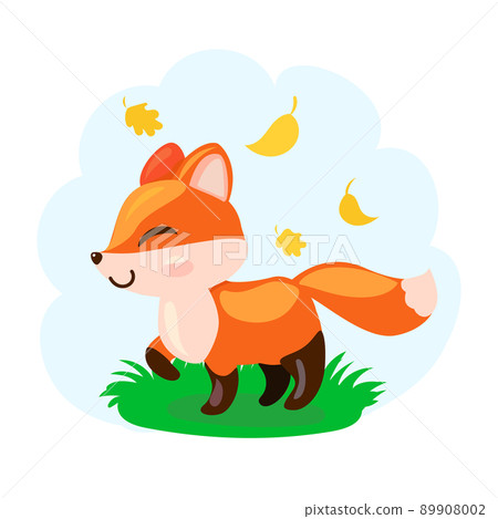 Adorable autumn bright fox, smiling and winking, sitting on a lawn, isolated on white background. Cute orange forest animal. 89908002
