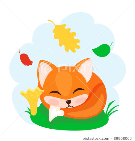 Adorable autumn bright fox, smiling and winking, sitting on a lawn, isolated on white background. Cute orange forest animal. 89908003