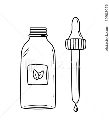 Cosmetic oil in a bottle, massage or sauna oil. Vector doodle illustration 89908076