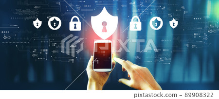 Cyber security theme with person using smartphone Cyber security theme with person using smartphone 89908322
