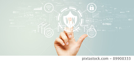 VPN concept with hand pressing a button VPN concept with hand pressing a button 89908333