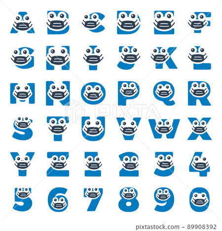 Set of creative letters and numbers in medical masks and respirators isolated on white background. 89908392