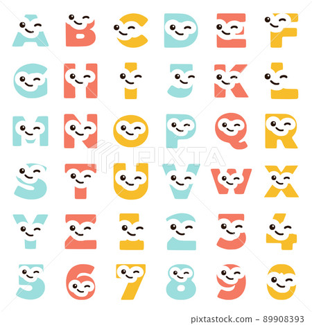 Set of funny winking letters and numbers characters isolated on white background. 89908393