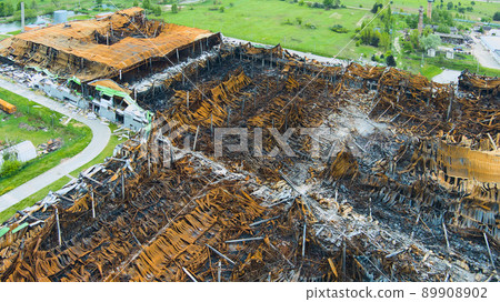 Kalynivka, Kyiv region, Ukraine - May 15, 2022: War in Ukraine. A destroyed Logistics Park after russian atack in Febrary Kalynivka, Kyiv region, Ukraine - May 15, 2022: War in Ukraine. A destroyed Logistics Park after russian atack in Febrary 89908902