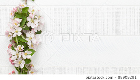 Apple blossom tree branch on wooden table Apple blossom tree branch on wooden table 89909291