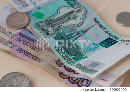 Russian money. Different denomination of bills. Close-up of Russian rubles. Finance concept. Money background and texture. 89909403