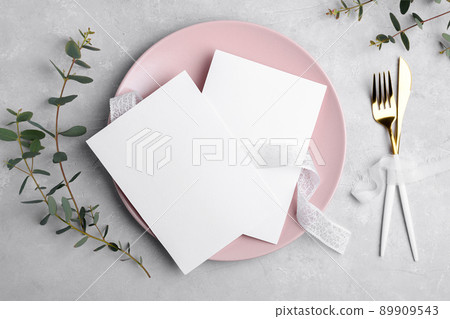 invitation card mockup 5x7 with eucalyptus, Menu card mockup with festive wedding or birthday table setting, pink plate 89909543