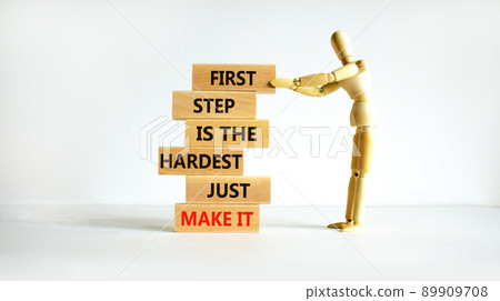 Make first step symbol. Wooden blocks with words First step is the hardest just make it. Beautiful white table white background. Businessman model. Business and make first step concept. Copy space. Make first step symbol. Wooden blocks with words First step is the hardest just make it. Beautiful white table white background. Businessman model. Business and make first step concept. Copy space. 89909708