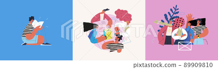 Startup illustrations set. Flat line vector modern concept illustration of people, startup metaphor. Concept of building new business, planning, strategy, teamwork and management. Company processes 89909810