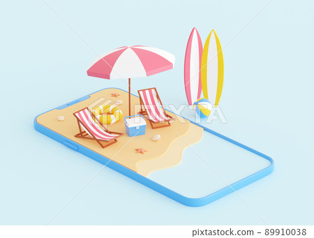 Summer beach vacation 3d render - cartoon sand island with umbrella and lounger on smartphone screen. 89910038