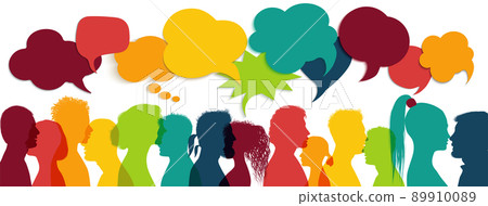 Crowd talking. Group of multi-ethnic and multicultural people who speak. Communication between multiracial people. Colored profile silhouette. Communicate social networks. Speaking. Speech bubble Crowd talking. Group of multi-ethnic and multicultural people who speak. Communication between multiracial people. Colored profile silhouette. Communicate social networks. Speaking. Speech bubble 89910089