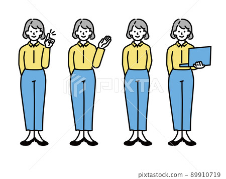 Illustrations of women representing points, attention, and announcements (business, click, check, pointing, important, notice) 89910719