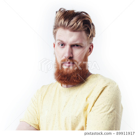young handsome hipster ginger bearded guy looking brutal isolated on white background, lifestyle people concept close up 89911917