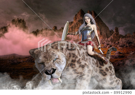 一位表情勇敢的可愛女戰士,跨坐在長著大獠牙的劍齒虎背上,正逆著荒野前進 一位表情勇敢的可愛女戰士,跨坐在長著大獠牙的劍齒虎背上,正逆著荒野前進 89912990