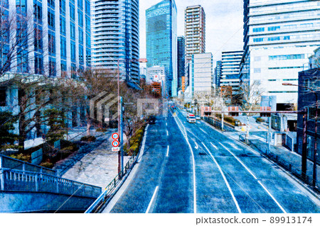 Illustration of an ambulance running in an office district 89913174