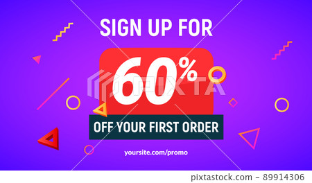 Coupon code discount 60 sign up advertising offer. Discount promotion tag flyer 60 percent off promo 89914306