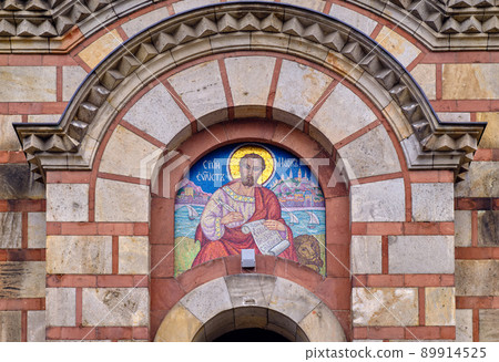 Facade details of St. Mark Church, a Serbian Orthodox church in Belgrade, Serbia 89914525